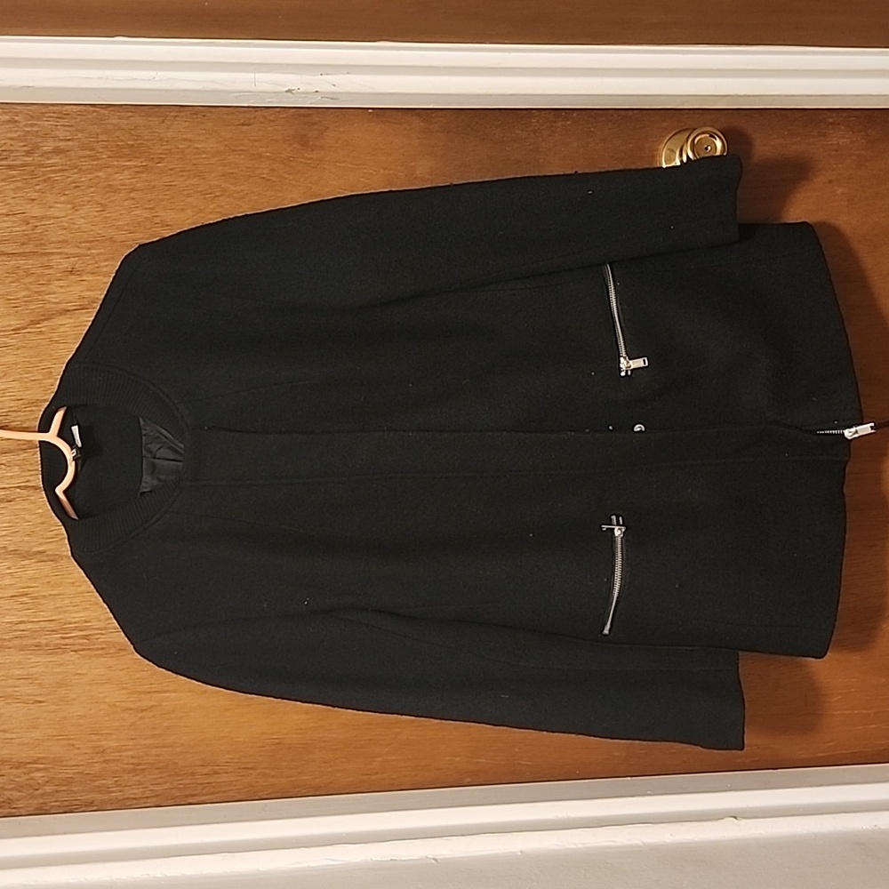 H&M Divdend Womens Black Wool Blend Boucle Zip And Snaps Up Trench PeaCoat Sz 14